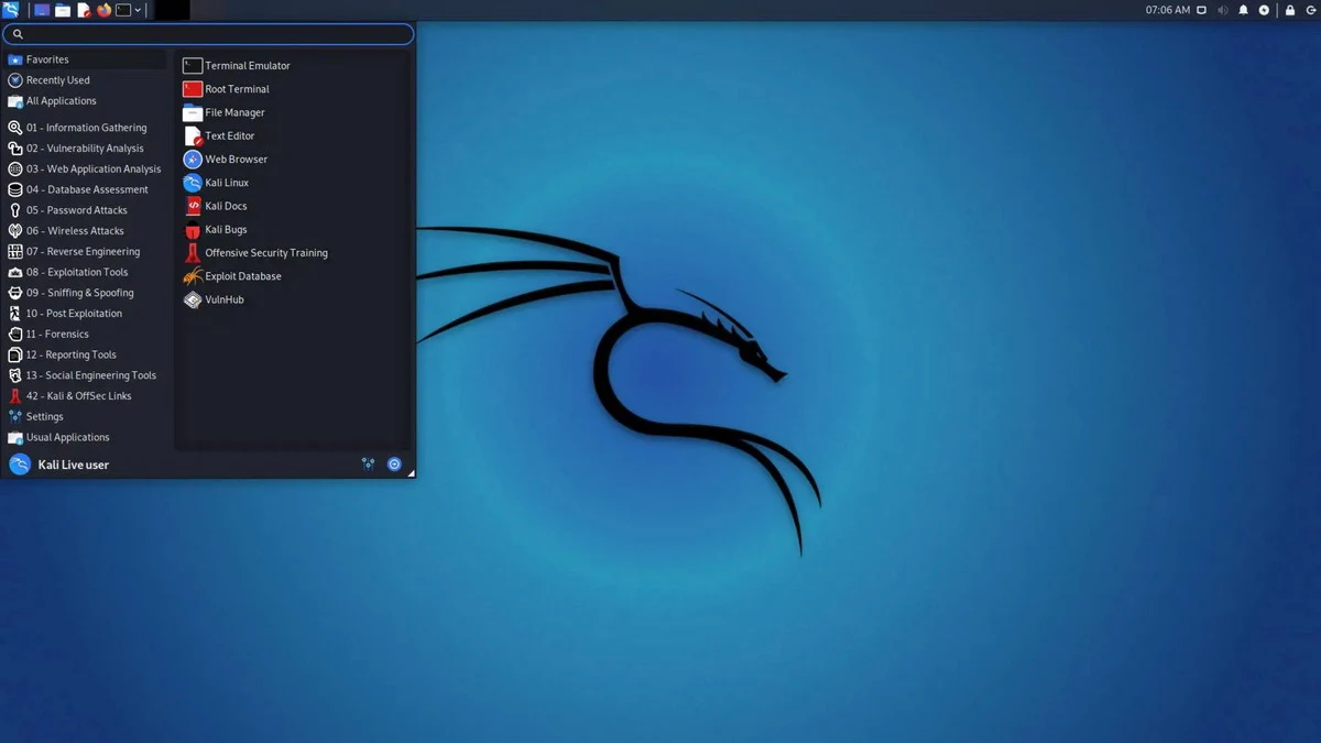 Linux Kali interface and customization options