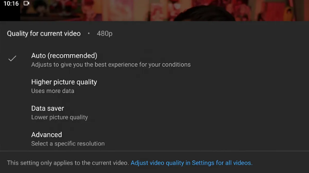 Setting video quality in YouTube videos