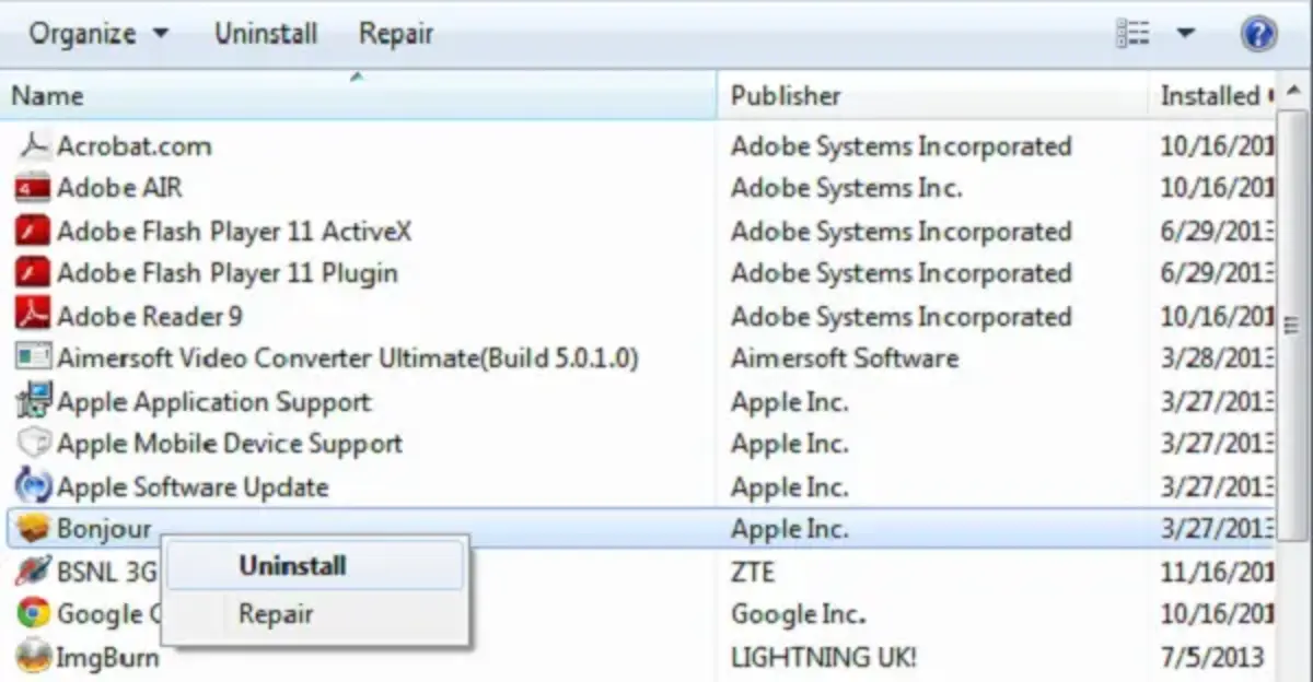 The uninstall process of Bonjour