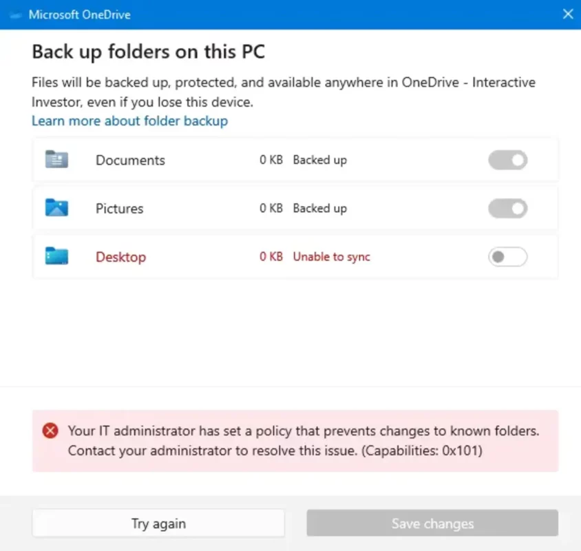 Synch the backup folders for OneDrive