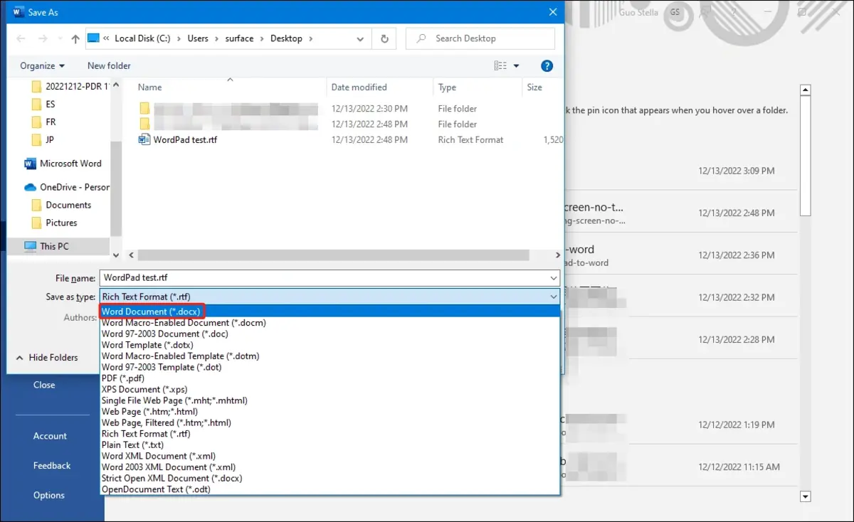 How to use WordPad to convert text files to docx.