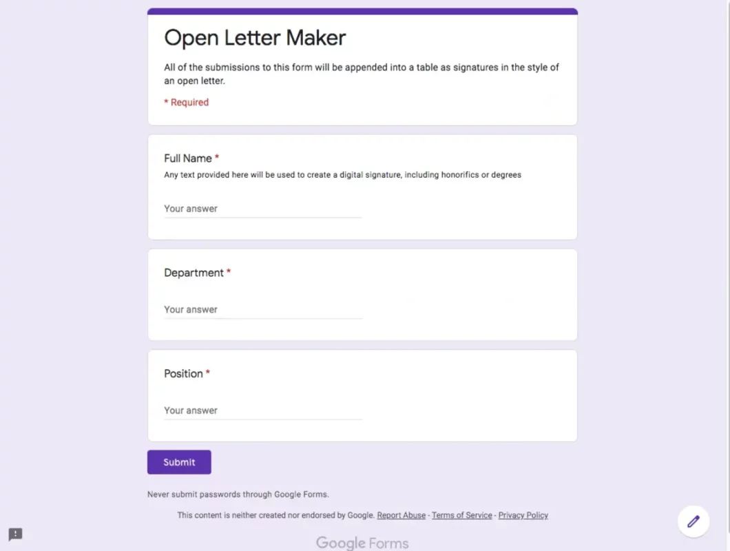 The Google Forms tool