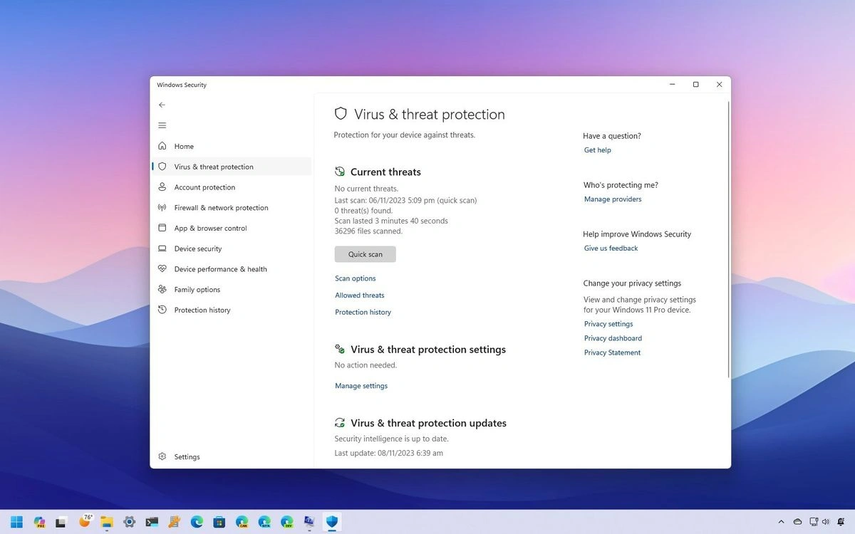 The Windows free antivirus interface