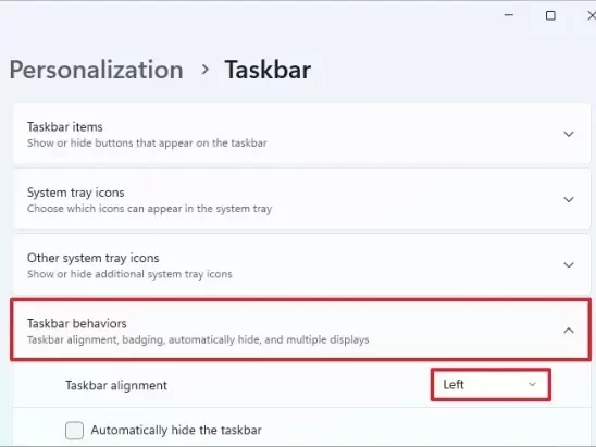 Windows 11 Settings – Personalization > Taskbar items with Widgets toggled Off Windows 11 Settings – Personalization > Taskbar items with Widgets toggled Off