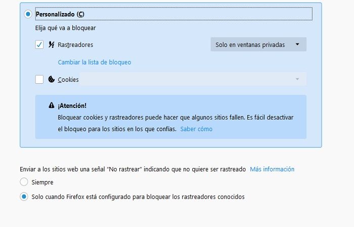 rastreadores en Firefox