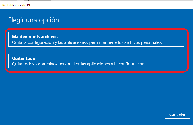 restablecer Windows 10