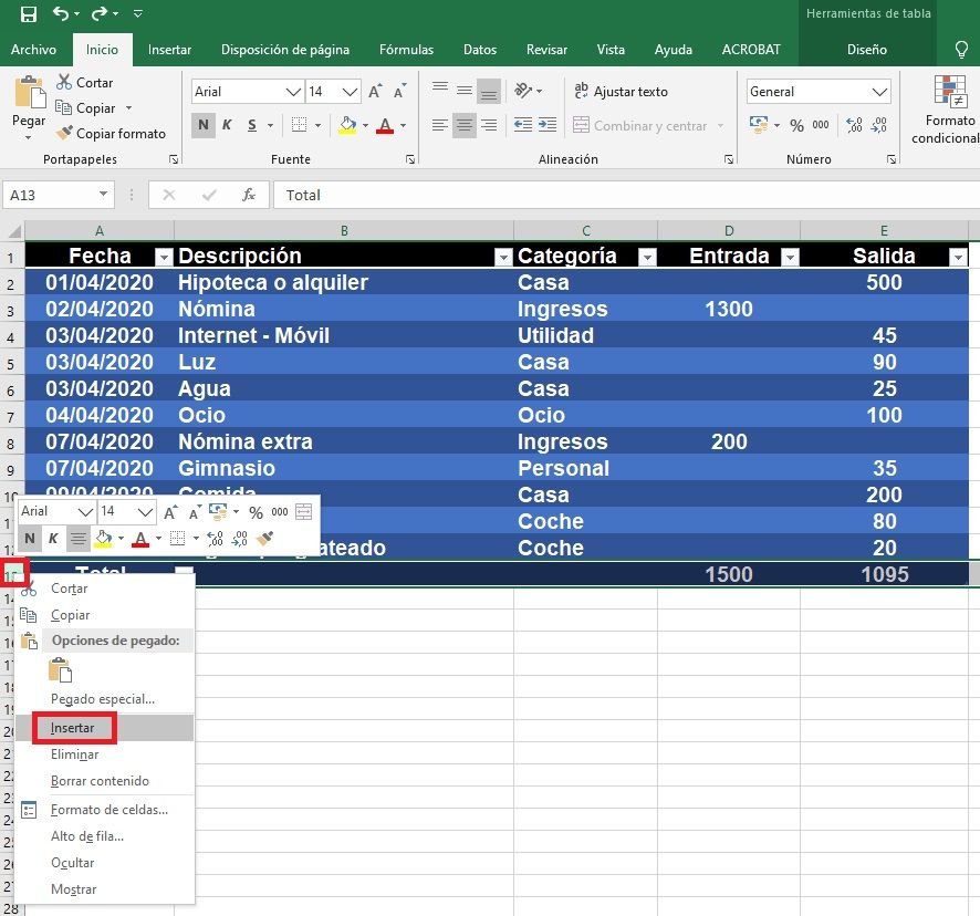 Añadir filas en Excel