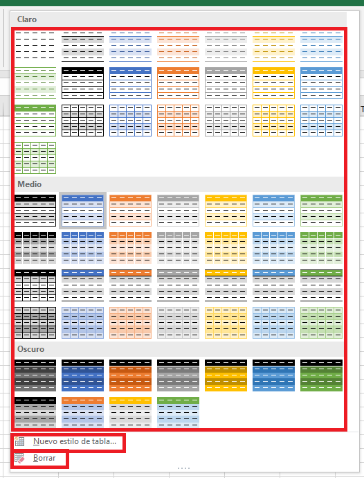 Seleccionar estilo de tabla de excel