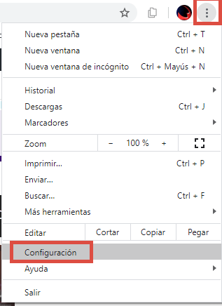 Menú configuración de Chrome