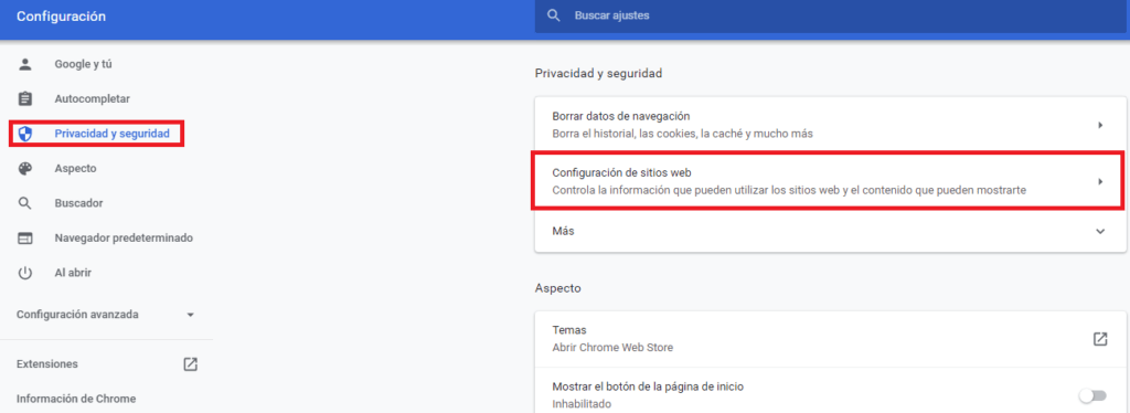 Menú privacidad y seguridad de chrome