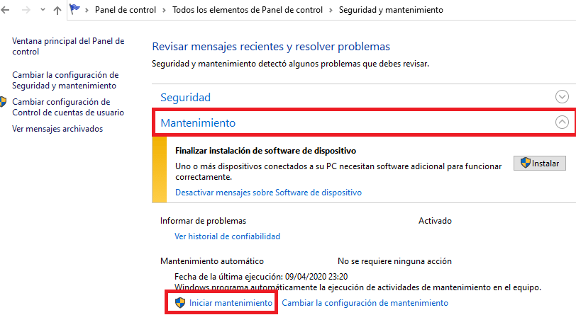 mantenimiento windows 10