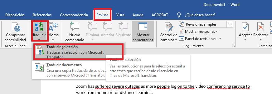 menú de traducción de secciones de texto de word