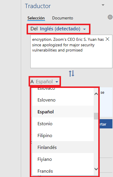 selección del idioma en la traducción de word