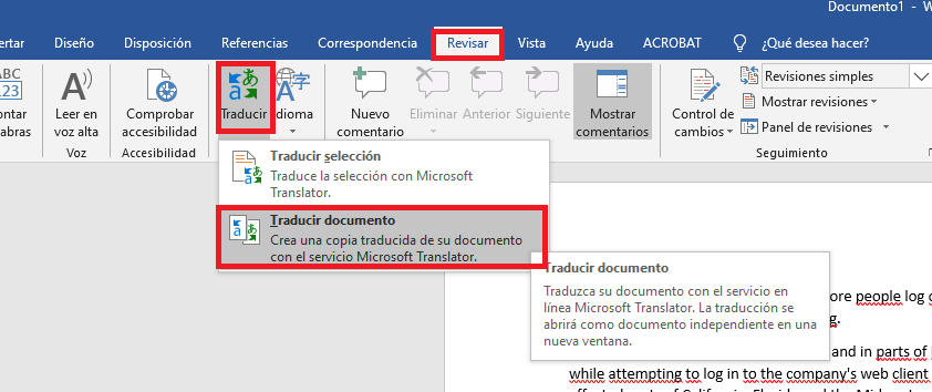 Opciones de traducción de Word