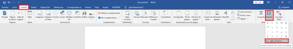 opción símbolos en microsoft word