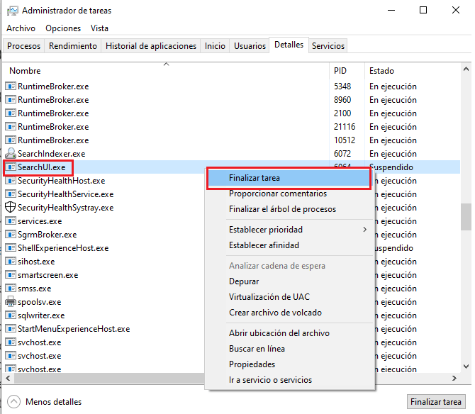 cerrar proceso búsqueda de Windows