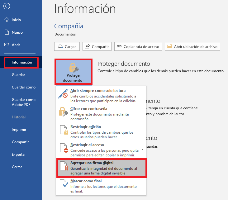 proteger firma digital word