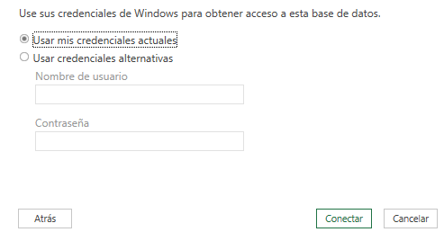 credenciales para conectar a sql desde excel