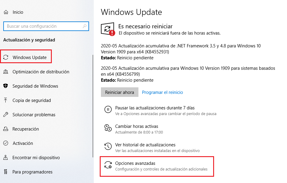 windows update opciones avanzadas