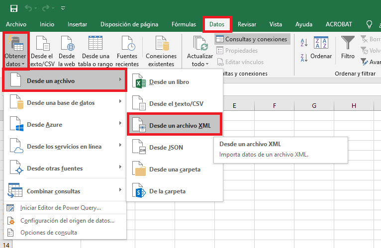 importar datos XML excel