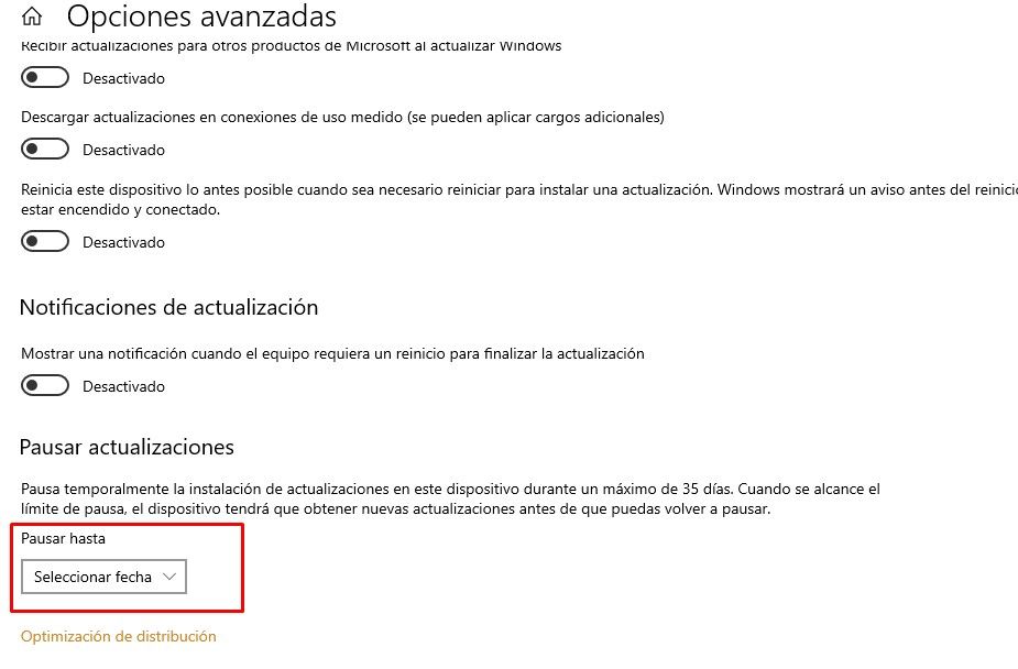 Pausar las actualizaciones de Windows 10 hasta una fecha especifica