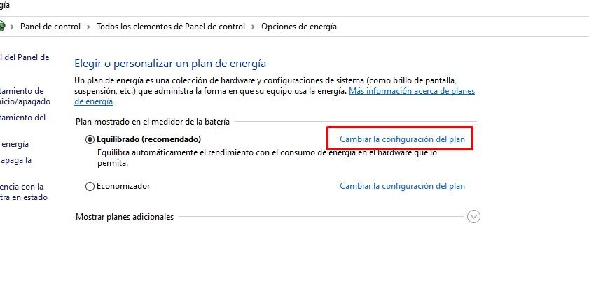 Cambiar la configuración del plan de energía