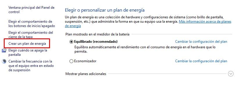 Crear un plan de energía en Windows 10