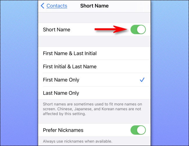 Nombre corto para organizar contactos en iPhone