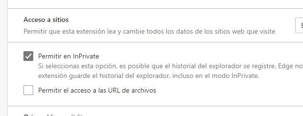 Permitir complementos en navegación privada en Edge