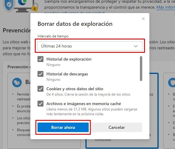 Borrar todos los datos de navegación de Microsoft Edge.