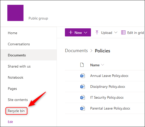 Abrir papelera de reciclaje de SharePoint