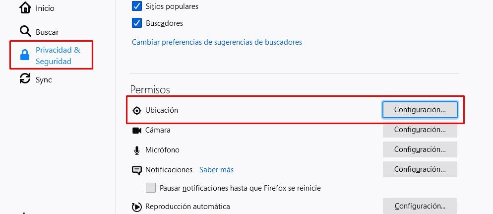 Ingresar a privacidad y seguridad en Firefox