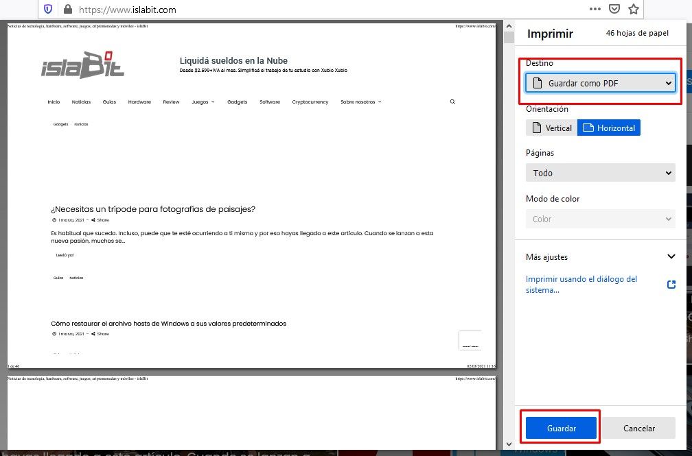 Guardar página web como PDF en Firefox