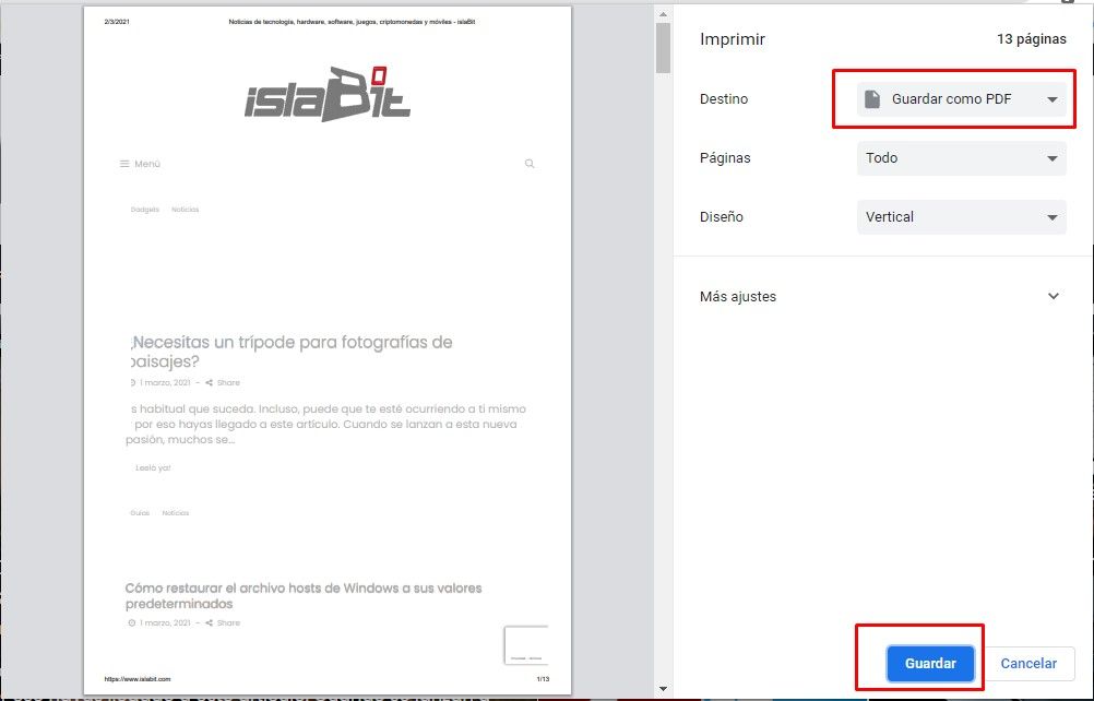 Guardar página web como PDF en Google Chrome.