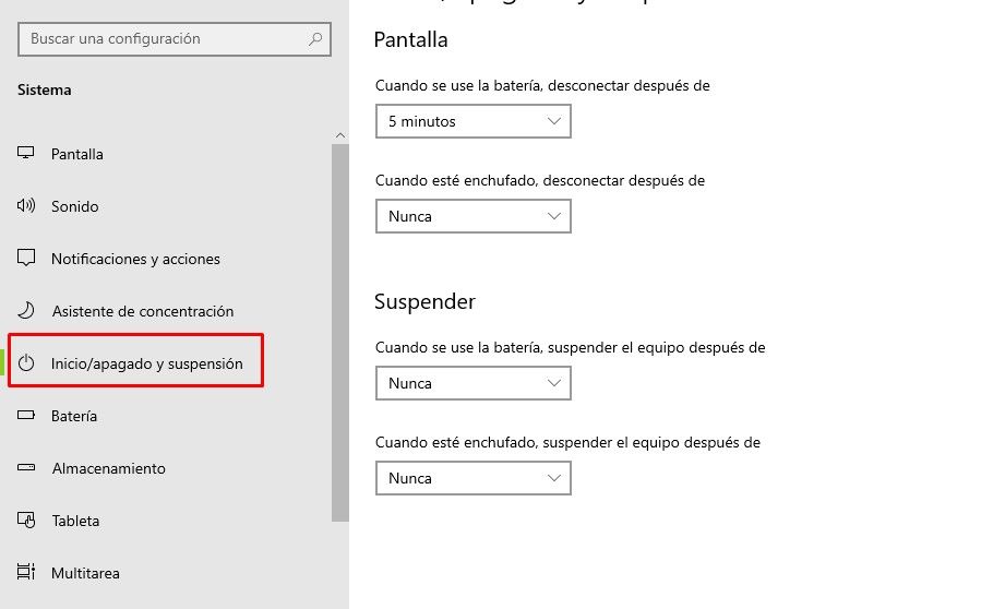 Menú de inicio, apagado y suspensión de Windows.