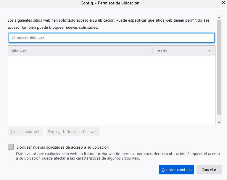 Permisos de ubicación en Mozilla Firefox.