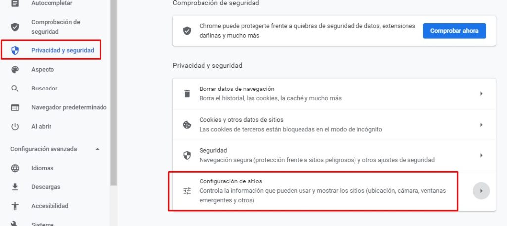 Privacidad y seguridad de Google Chrome, Configuración de sitios.