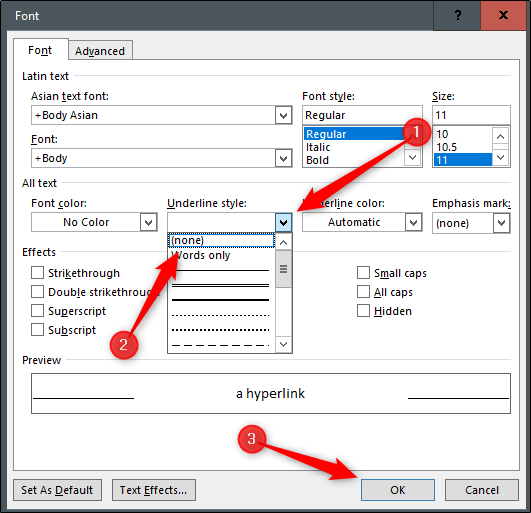 Configuramos las opciones para quitarle el subrayado.