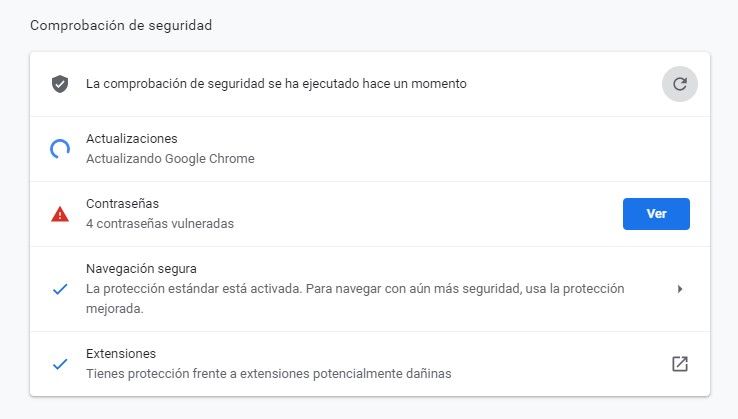 Resultados de la comprobación de seguridad del navegador.