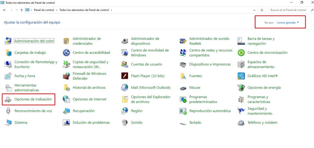 Acceder al panel de control a las opciones de indización.