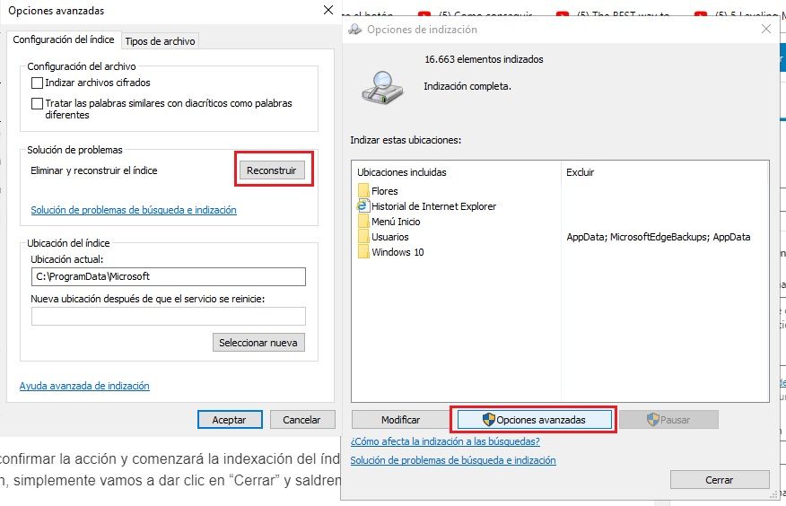 Reconstruir en opciones avanzadas del índice de indización