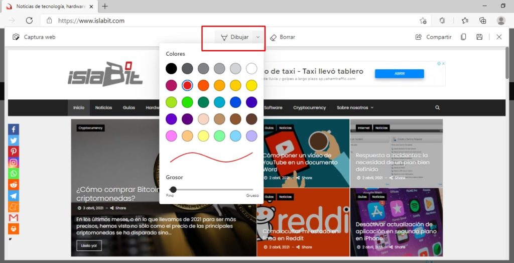 Podemos hacer anotaciones o dibujos en la captura de la página.