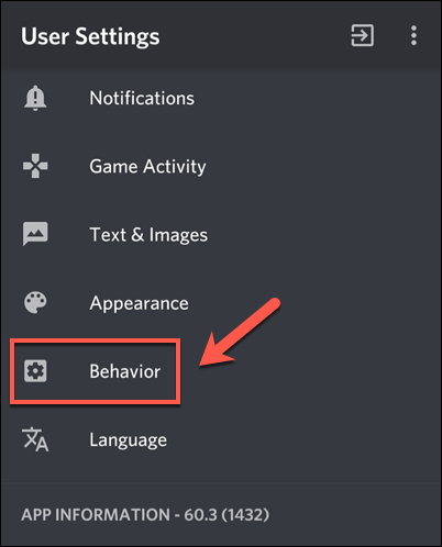 Ingresamos al menú de comportamiento en Discord.