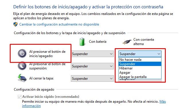 Cómo deshabilitar botón encendido PC.