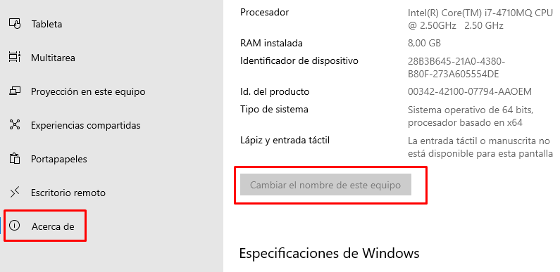 Vamos a la opción cambiar nombre de este equipo.