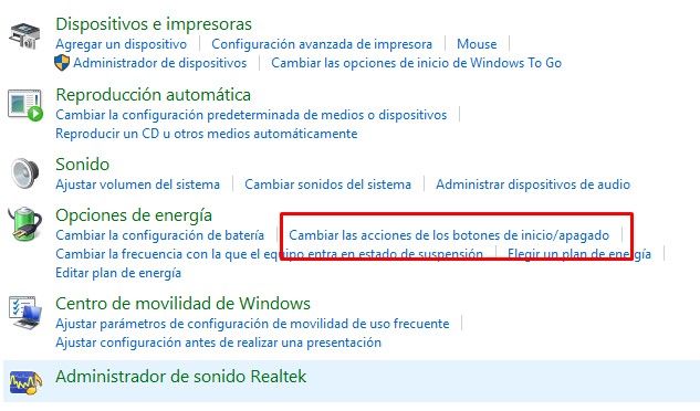 Cambiar las acciones de los botones de inicio y apagado en opciones de energía.