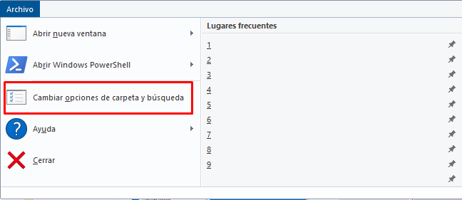 Cambiar opciones de carpeta y busqueda.