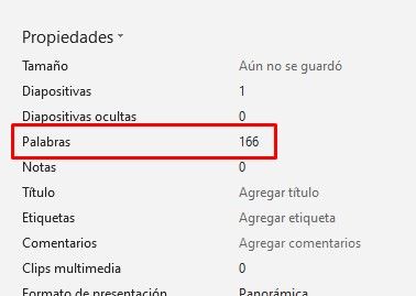 Cantidad de palabras totales de un documento en PowerPoint.