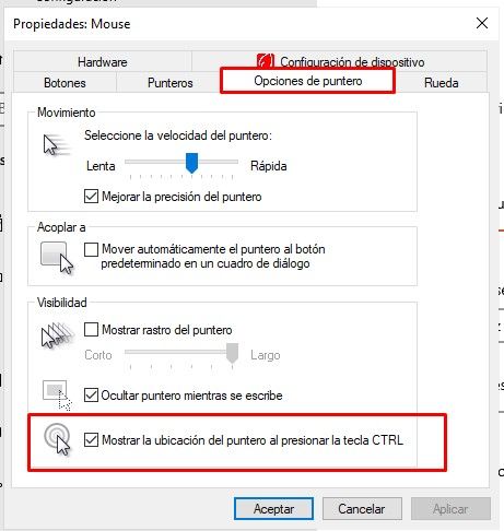 En opciones de puntero tenemos la opción para mostrar la ubicación del mouse.