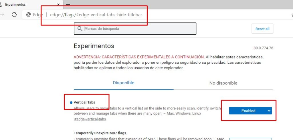 Cómo ocultar la barra de título en las pestañas verticales de Microsoft Edge.